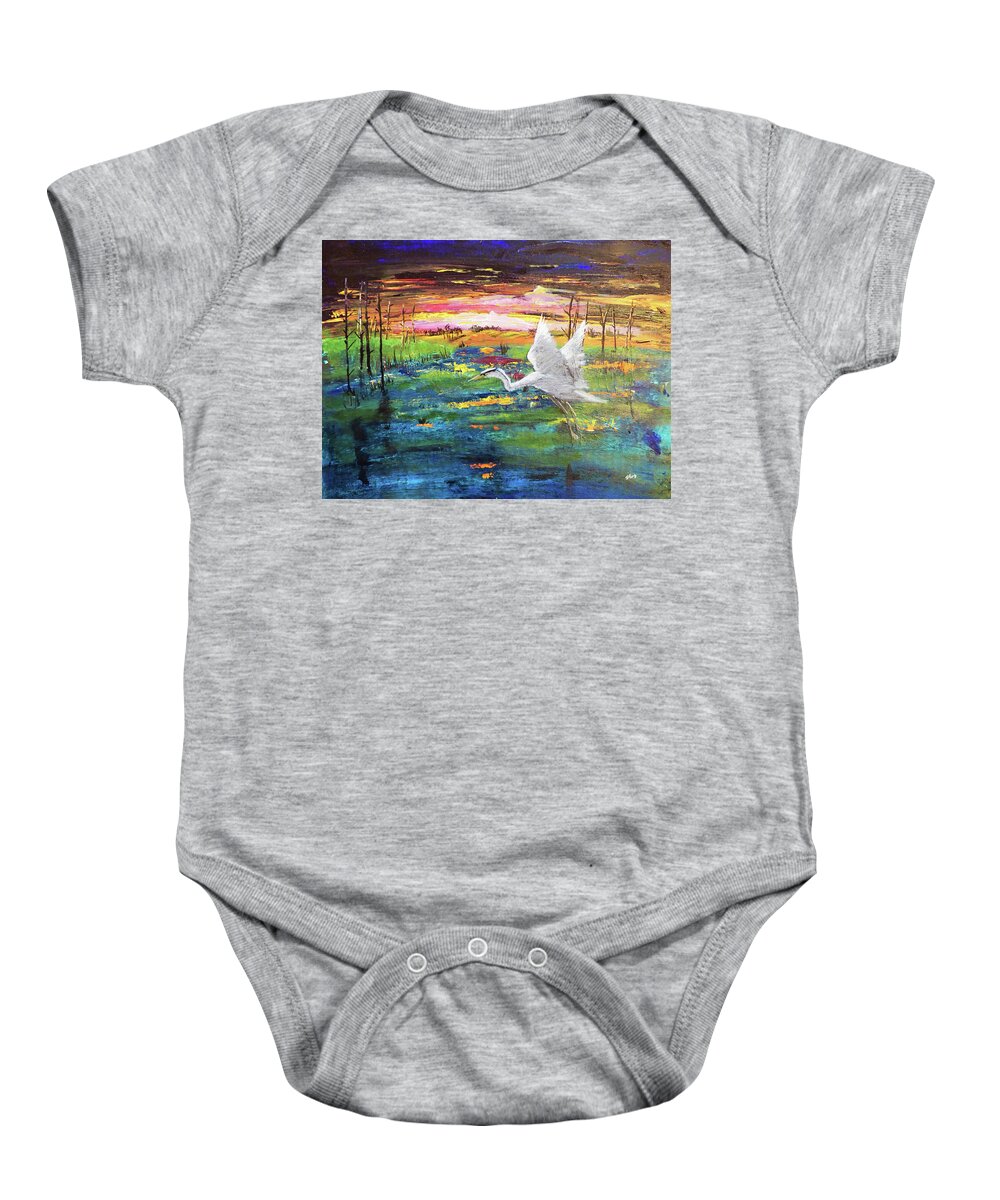 Landscape Baby Onesie featuring the painting Marsh Sunset with Egret by Sharon Williams Eng