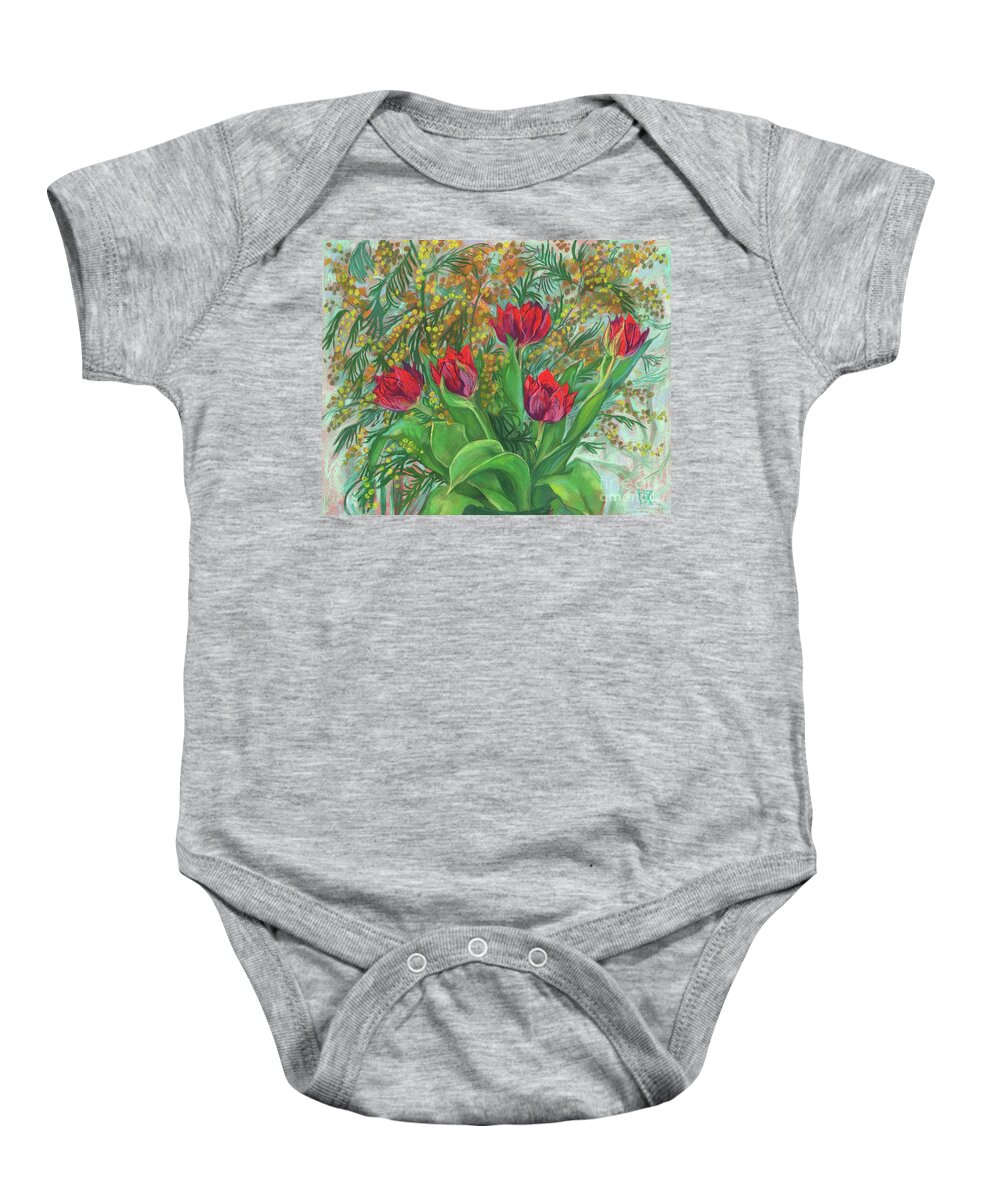 Soft Pastel Painting Baby Onesie featuring the pastel Mimosa and Tulips, Spring Flowers by Julia Khoroshikh
