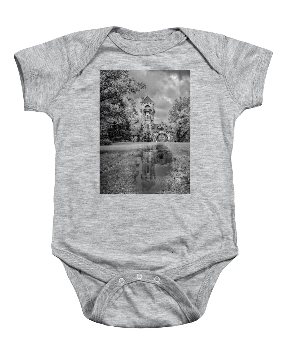 Hudson Valley Baby Onesie featuring the photograph Mohonk Preserve Gatehouse NY Fall BW by Susan Candelario