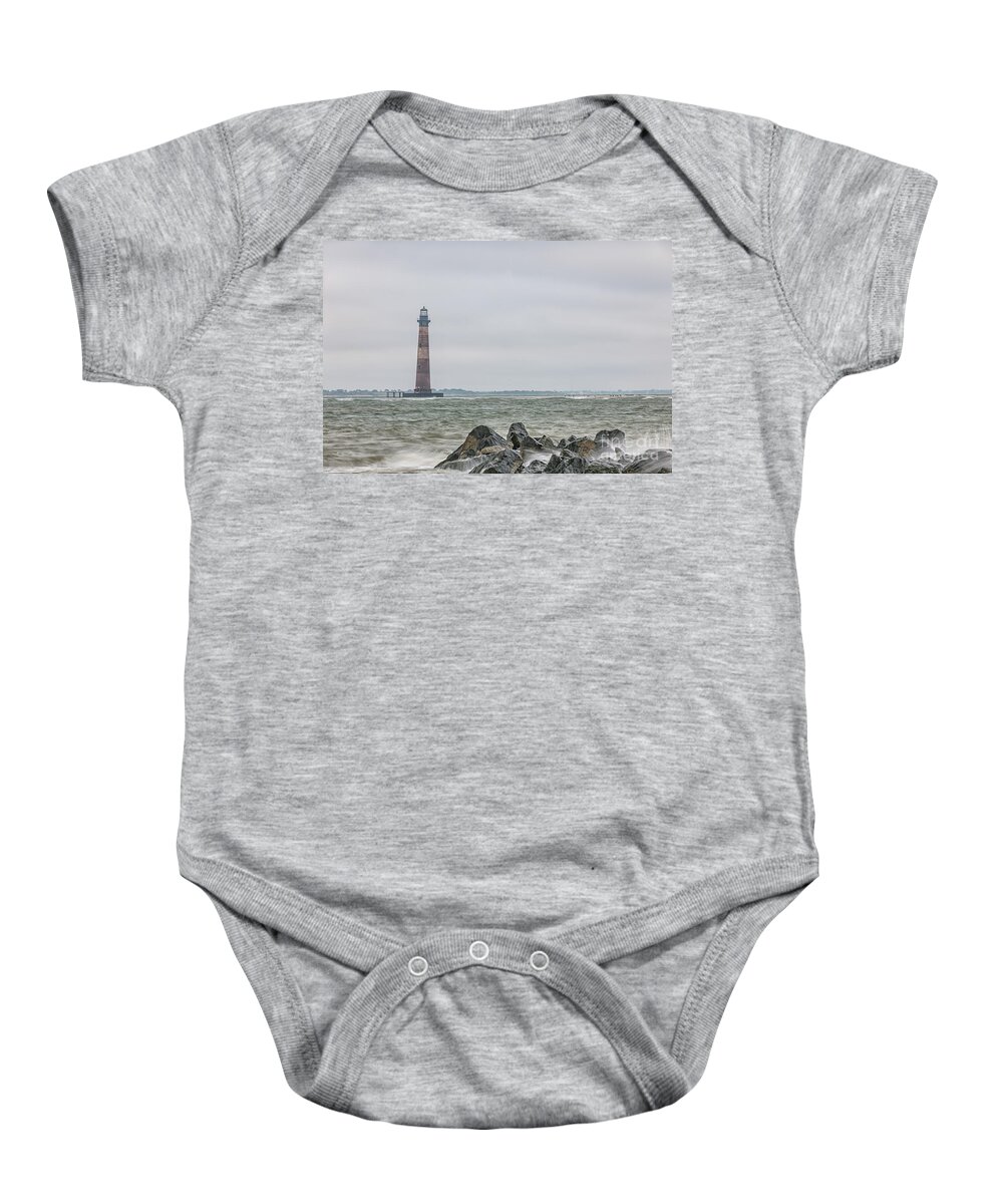 Morris Island Lighthouse Baby Onesie featuring the photograph Morris Island Lighthouse - Stay off the Rocks by Dale Powell