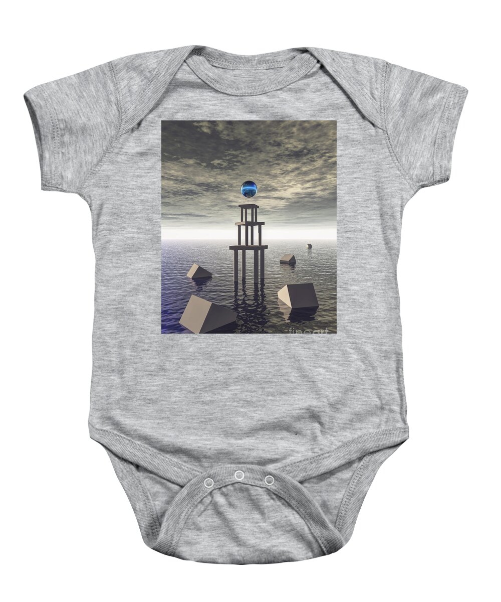 Structure Baby Onesie featuring the digital art Mysterious Tower At Sea by Phil Perkins
