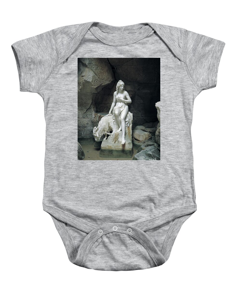 Female Baby Onesie featuring the sculpture Nymph with a Goat, from the Laiterie de la Reine by Pierre Julien