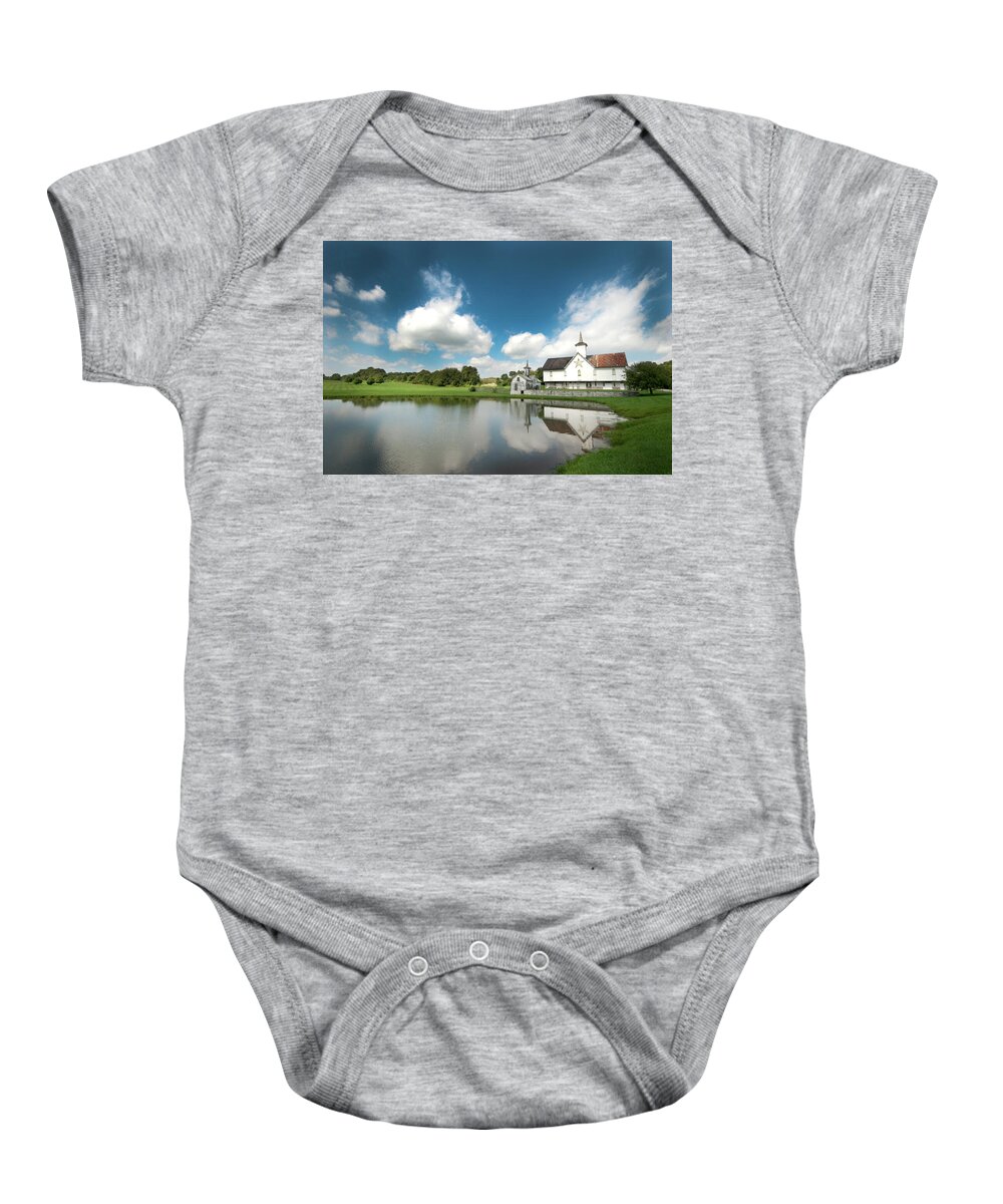 Star Barn Baby Onesie featuring the photograph Old Star Barn and Pond Reflection by Paul W Faust - Impressions of Light