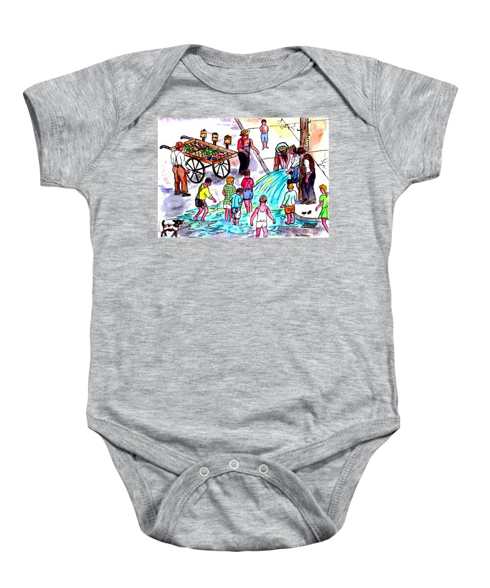 Fire Hydrant Baby Onesie featuring the painting Open The Fire Hydrant - Its Summertime by Philip And Robbie Bracco