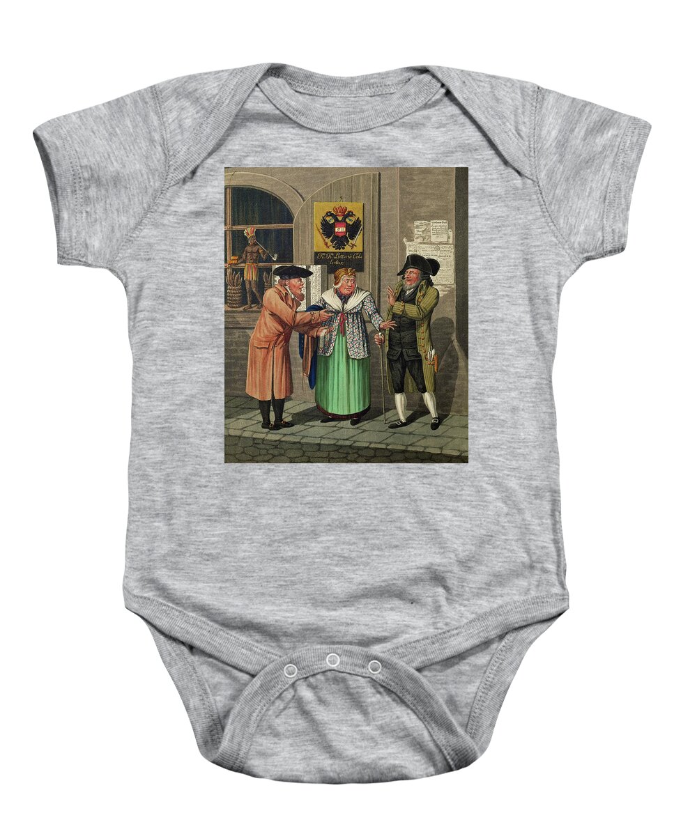 Johann Adolf Opitz Baby Onesie featuring the painting Opitz, Johann Adolf Three Vienna jews in front of a State-Lottery office and a tobacco shop, 1810. by Johann Adolf Opitz