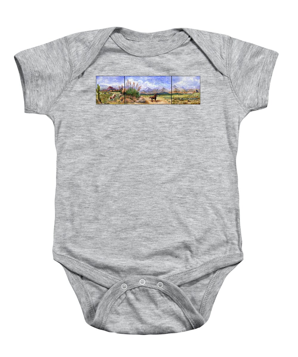 Mustang Baby Onesie featuring the painting Panorama Triptych Don't Fence Me In by Marilyn Smith
