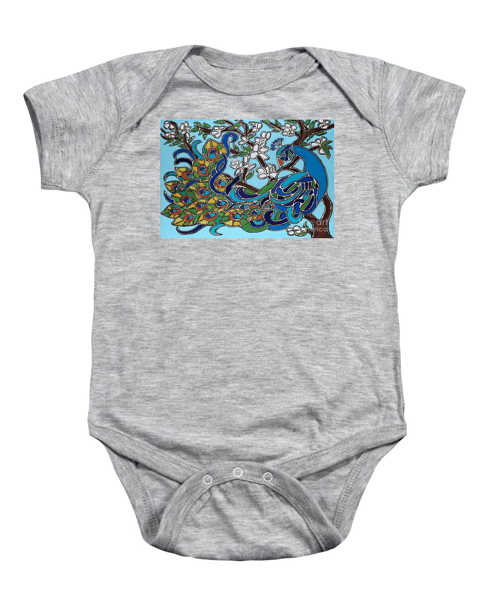 Peacock Baby Onesie featuring the painting Peacock in Tree by Cynthia Snyder