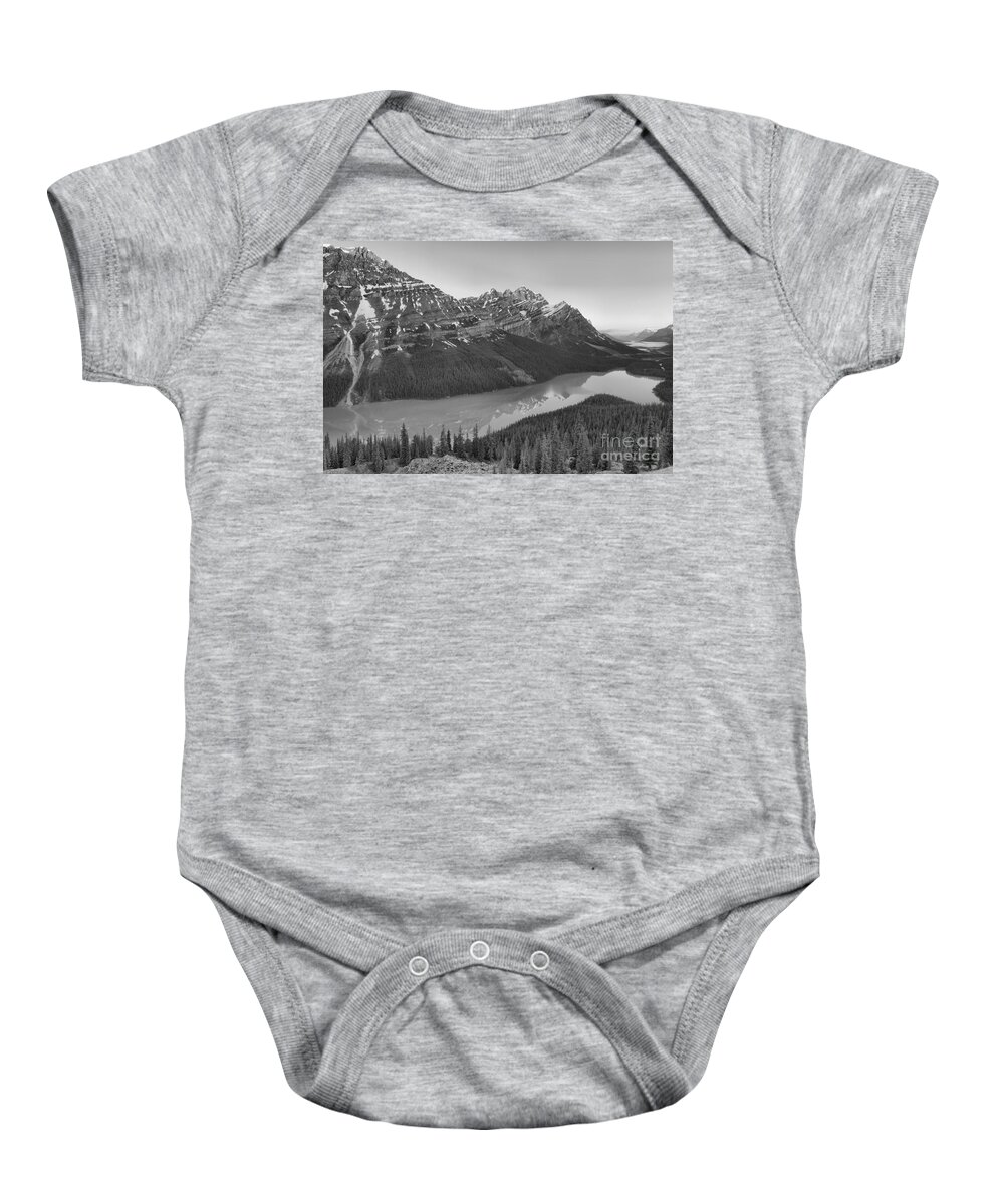 Peyto Lake Baby Onesie featuring the photograph Peyto Lake Red Tip Reflections Black And White by Adam Jewell