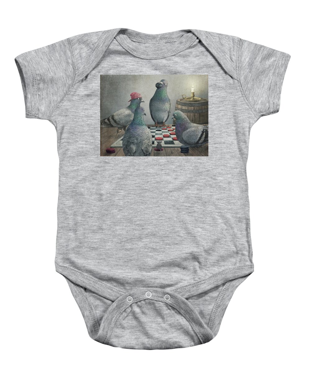 Pigeons Baby Onesie featuring the drawing Pigeons Playing Checkers by Eric Fan