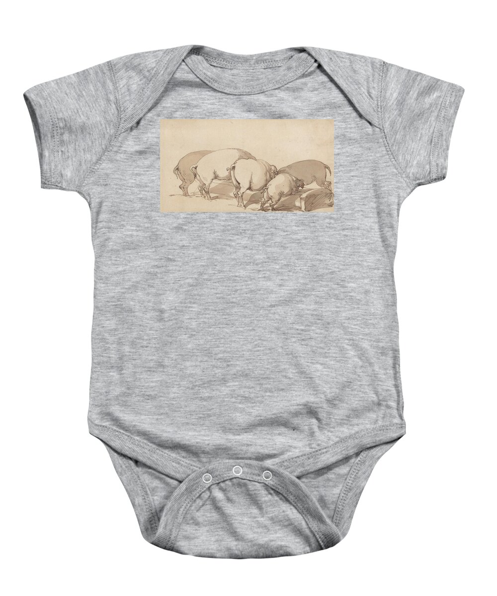 19th Century Art Baby Onesie featuring the drawing Pigs at a Trough by Thomas Rowlandson
