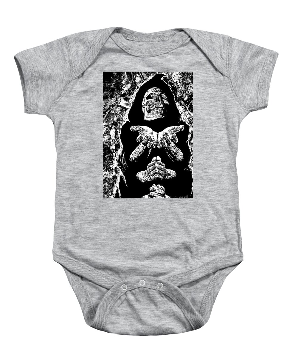 Tony Koehl Baby Onesie featuring the mixed media Pleading With The End by Tony Koehl