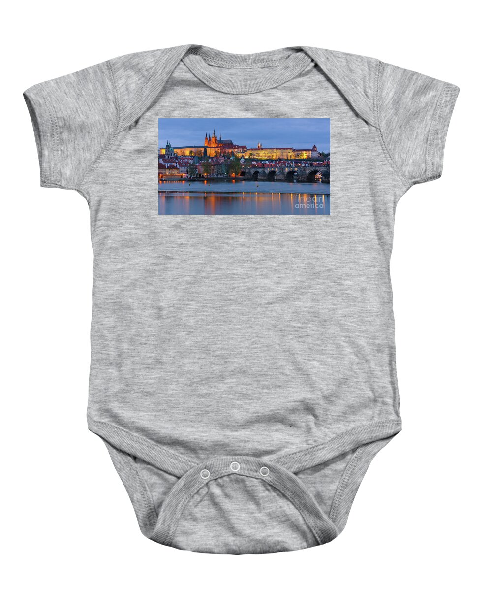 Architecture Baby Onesie featuring the photograph Prague Castle and Charles Bridge at Twilight by Henk Meijer Photography