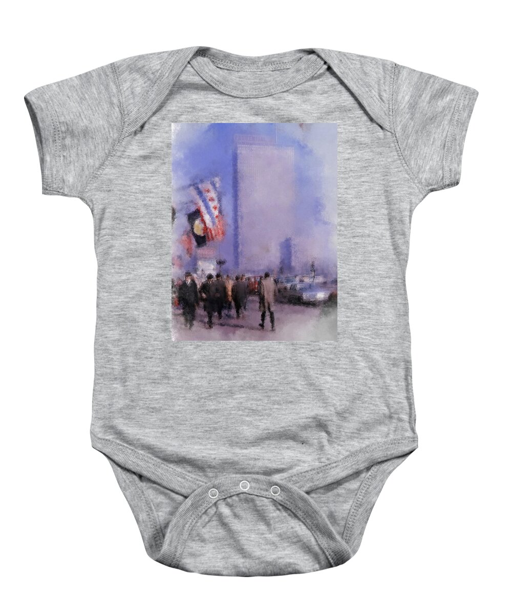 Chicago Baby Onesie featuring the mixed media Prudential Building 1960s morning on Michigan Avenue in Chicago by Glenn Galen