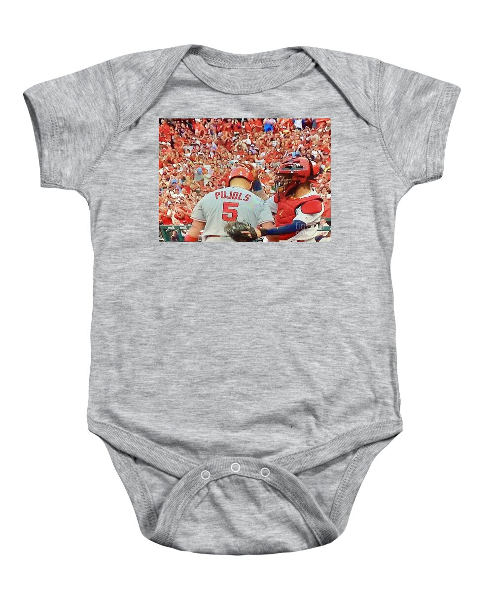 St. Louis Cardinals Baby Onesie featuring the photograph Pujols and Molina by Barbara Plattenburg