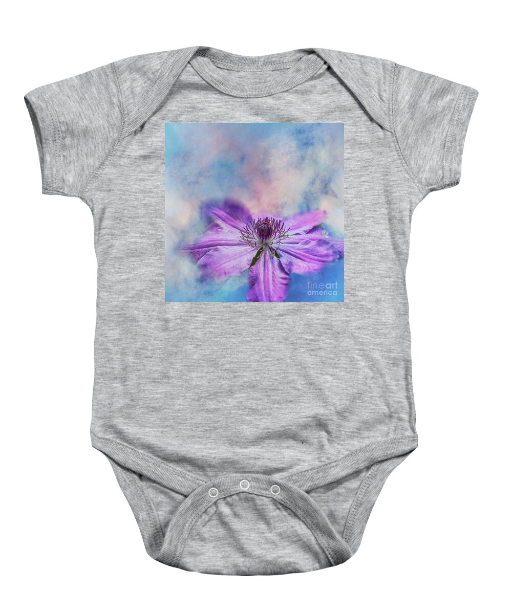 Clematis Baby Onesie featuring the mixed media Purple Clematis by Eva Lechner