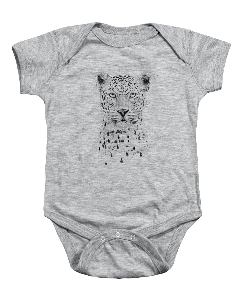 Leopard Baby Onesie featuring the drawing Raining again by Balazs Solti