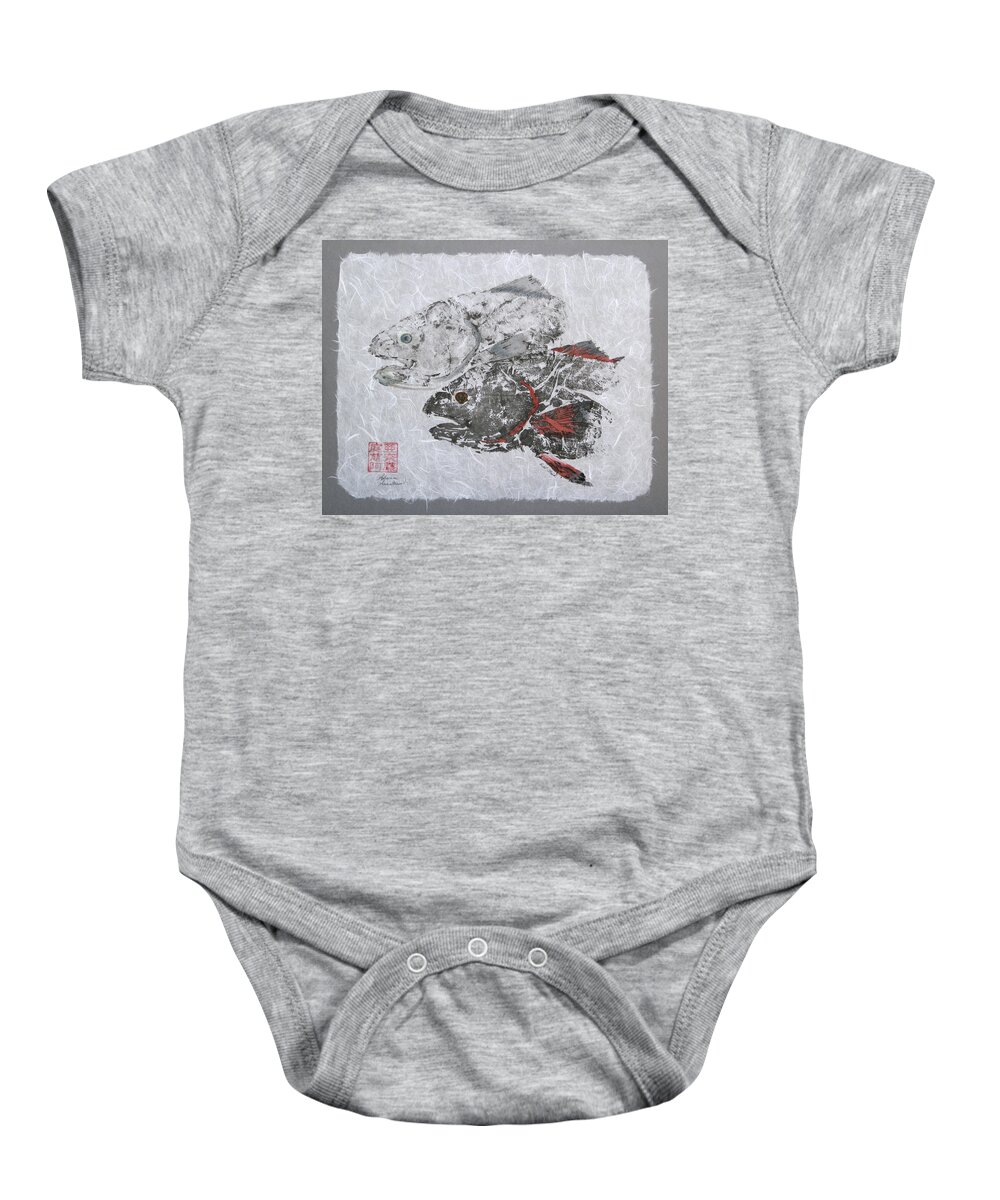 Redfish Baby Onesie featuring the painting Red Fish Head Duo with Border by Adrienne Dye