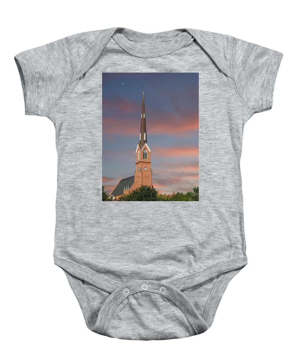 Charleston Baby Onesie featuring the photograph Red Stucco Steeple Rising in Early Morning Light by Darryl Brooks