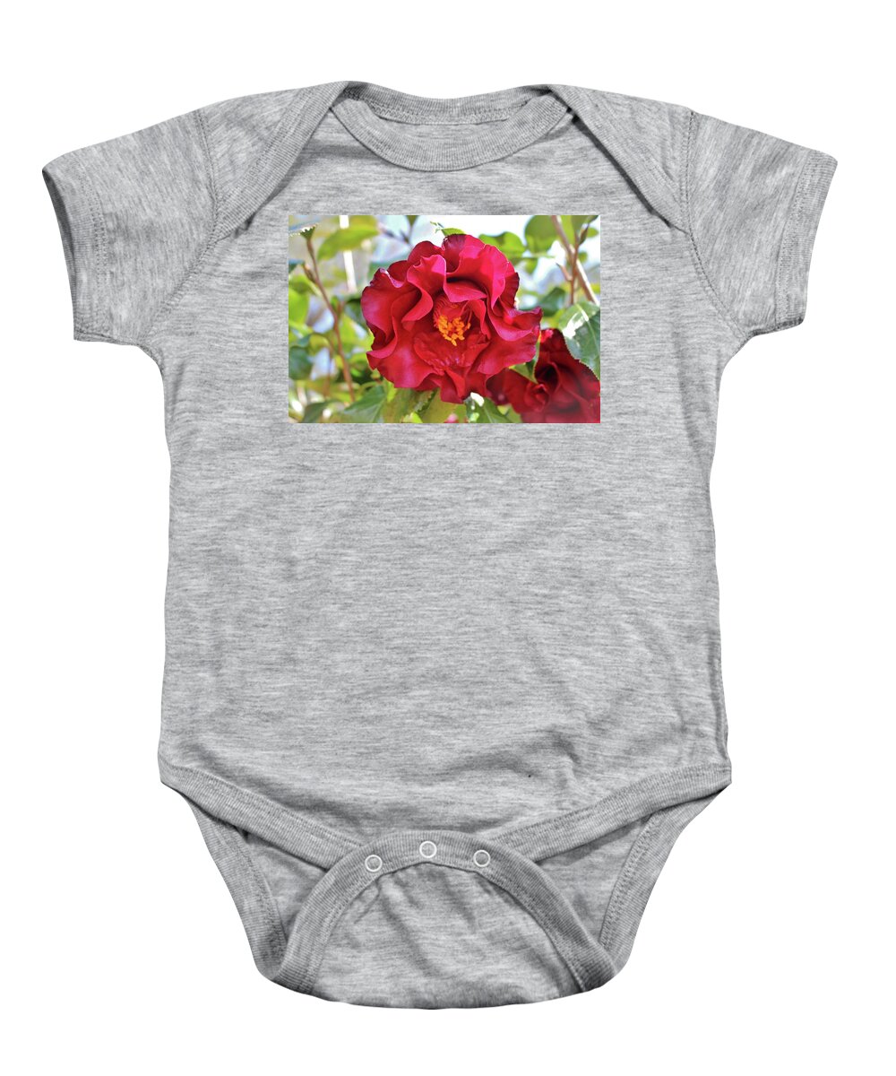 Camellia Baby Onesie featuring the photograph Red Wine Camellia by Cynthia Guinn