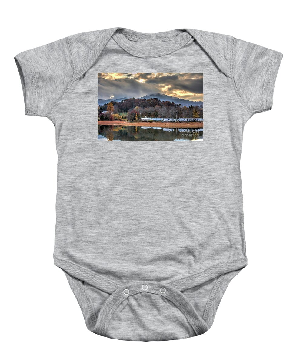 Reflections Baby Onesie featuring the photograph Reflections, Autumn At North Georgia Mountain Lake After Rain At Sunset by Felix Lai