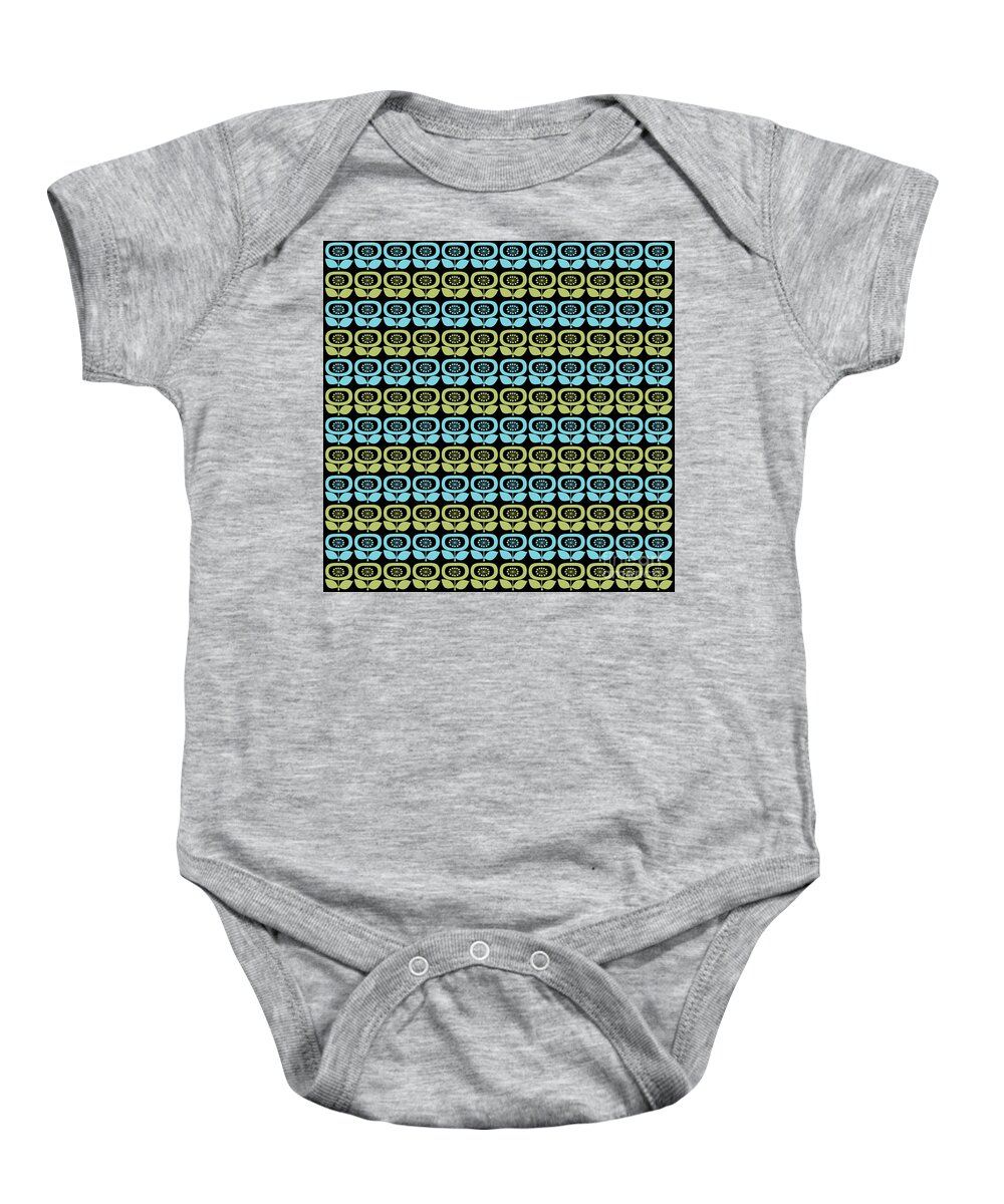 Mid Century Modern Baby Onesie featuring the digital art Retro Flowers in Blue and Green by Donna Mibus