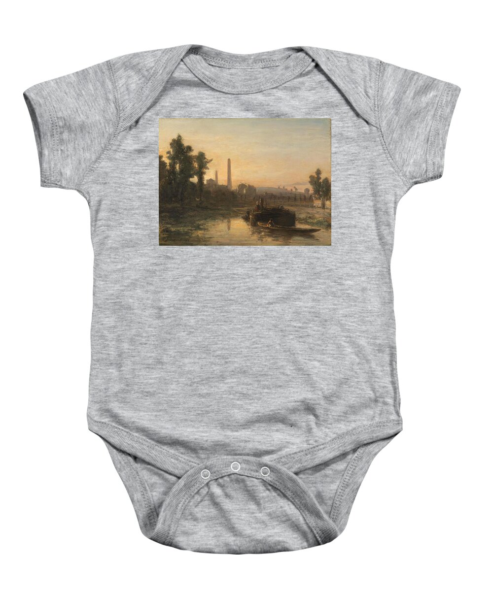 Canvas Baby Onesie featuring the painting River View in France, possibly near Pontoise. by Johan Barthold Jongkind -1819-1891-
