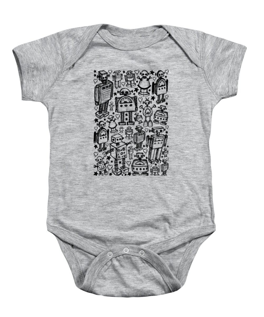 Robot Baby Onesie featuring the drawing Robot Crowd Graphic by Roseanne Jones