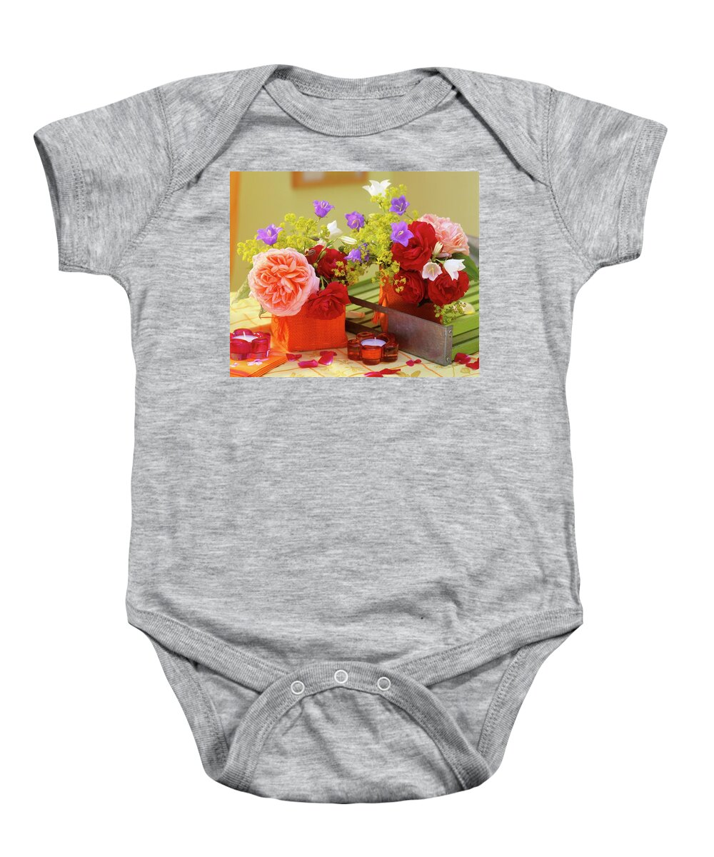 Ip_00272037 Baby Onesie featuring the photograph Roses, Campanula And Lady's Mantle As Table Decoration by Friedrich Strauss
