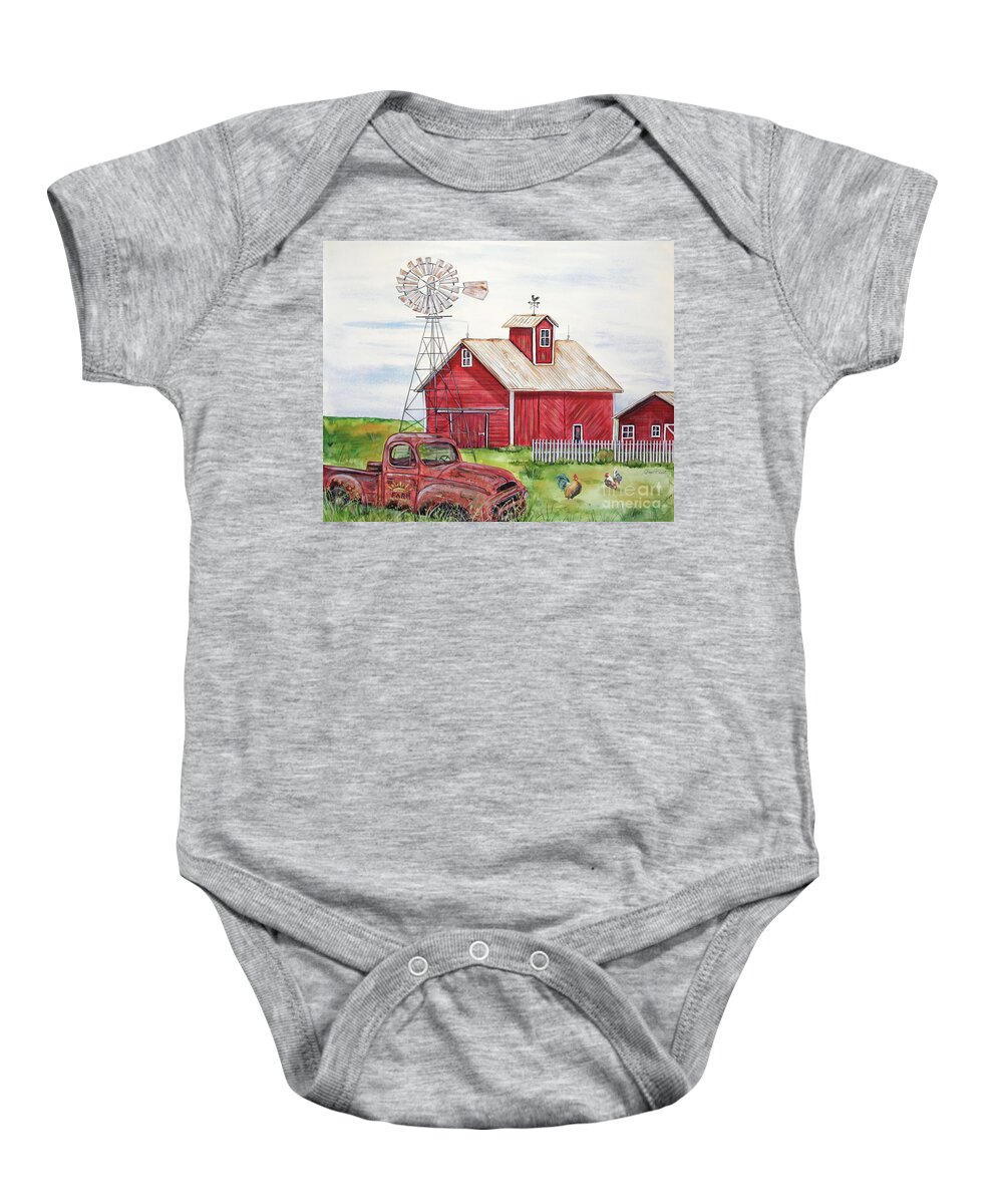 Barn Baby Onesie featuring the painting Rural Red Barn A by Jean Plout
