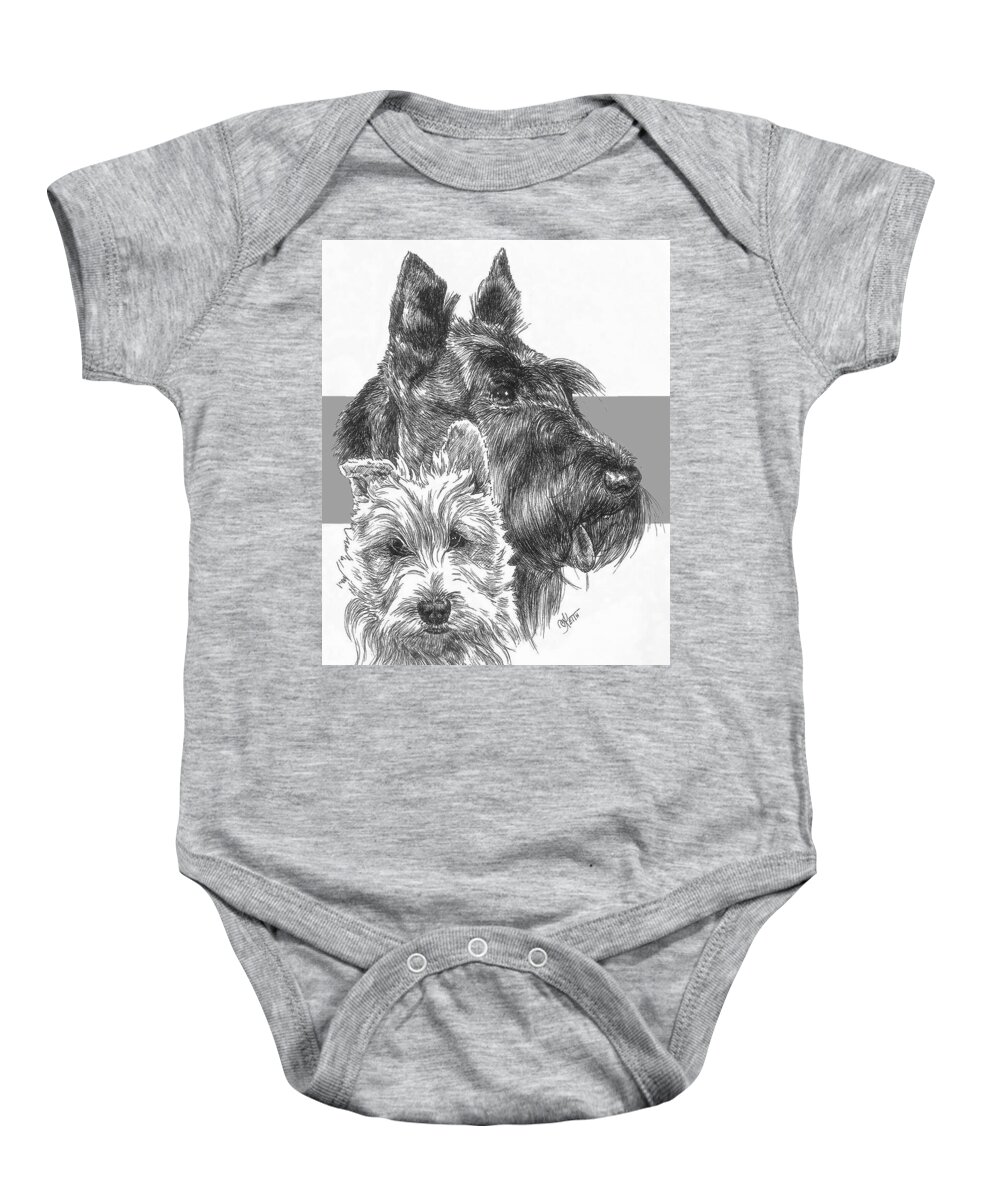 Terrier Group Baby Onesie featuring the drawing Scottish Terrier and Pup by Barbara Keith
