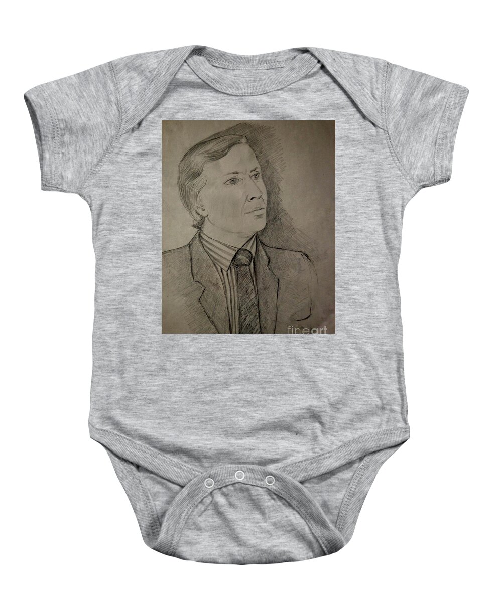 Pencil Portrait Baby Onesie featuring the drawing Sepia Pencil Portrait by Joan-Violet Stretch