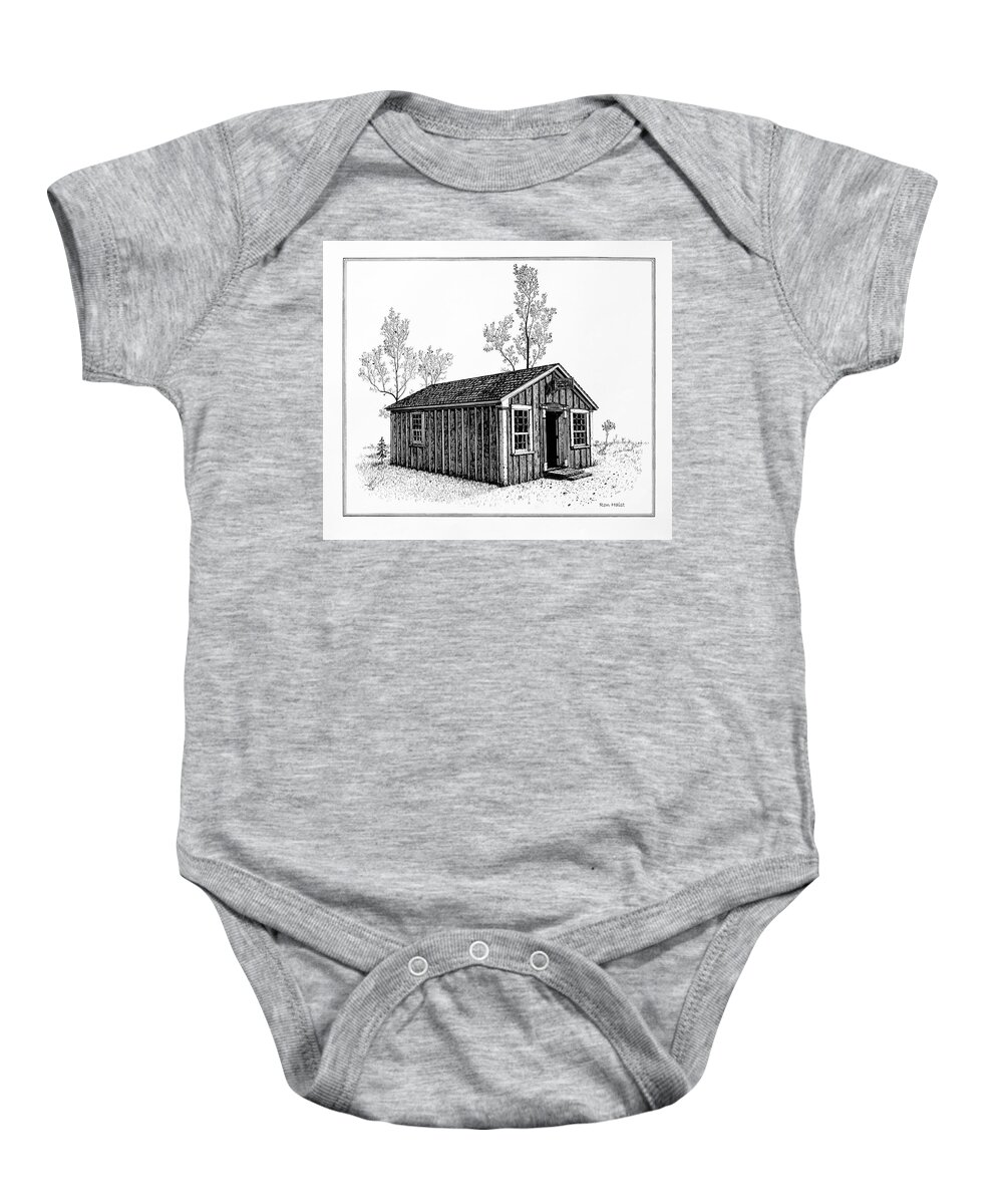 Pen Baby Onesie featuring the drawing Seth Fathergill's Print Shop by Ron Haist