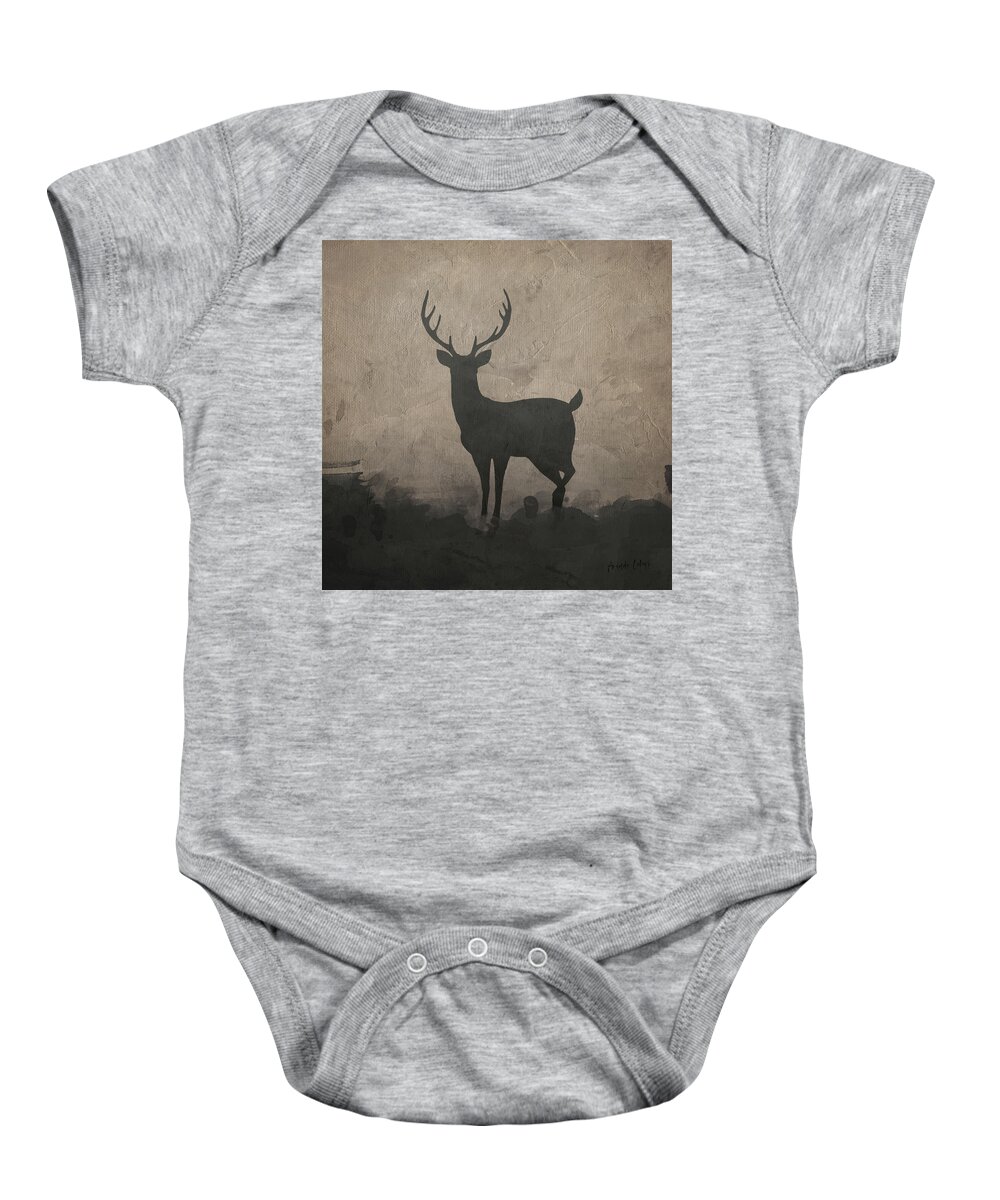 Amanda Lakey Baby Onesie featuring the mixed media Silhouette Stag I by Amanda Jane