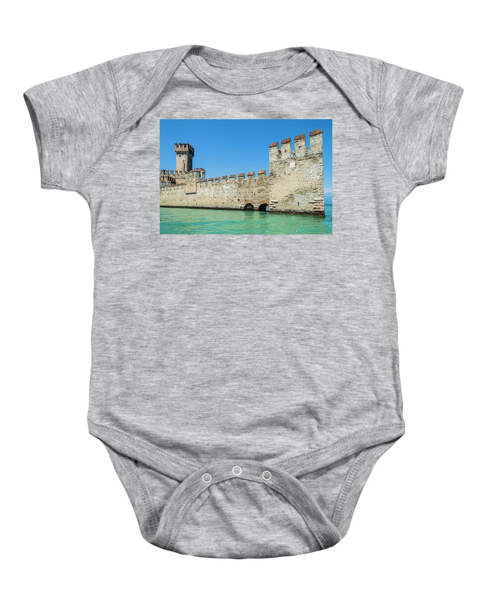 Sirmione Castle Baby Onesie featuring the photograph Sirmione Castle 2 by Steve Purnell and Andrew Cooper