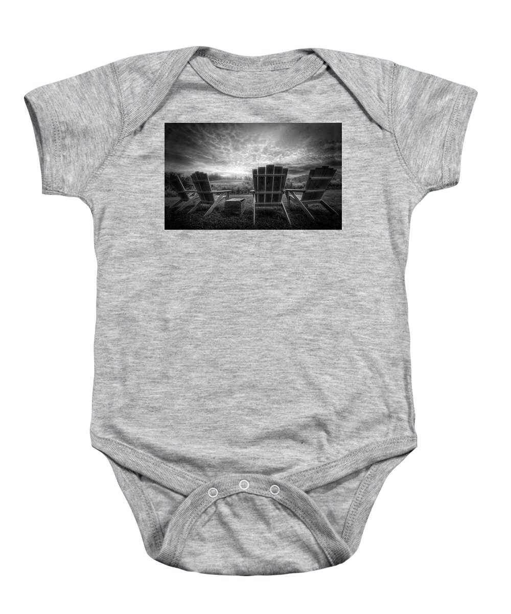 Clouds Baby Onesie featuring the photograph Sitting Pretty on a Foggy Morning Black and White by Debra and Dave Vanderlaan