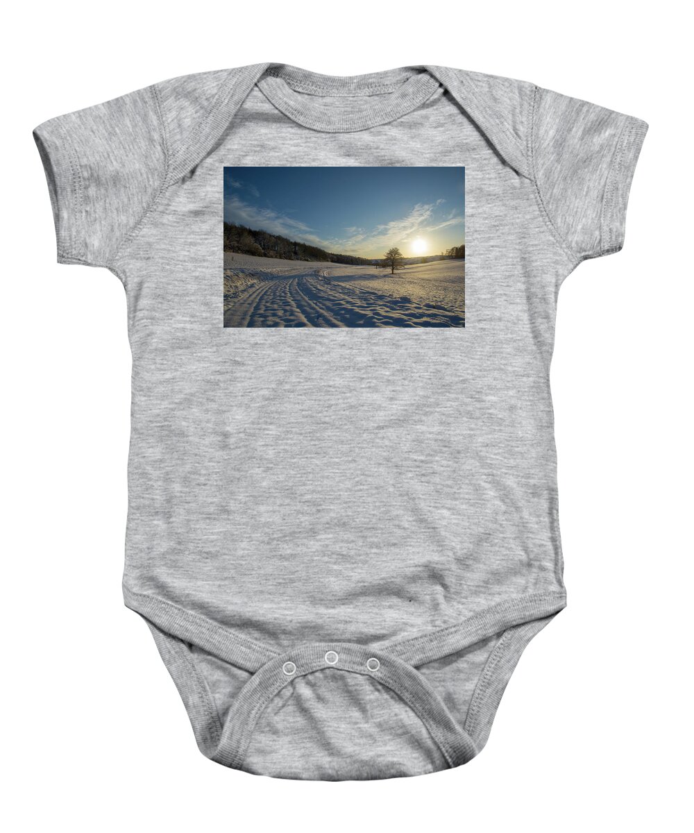 Sunset Baby Onesie featuring the photograph Snow and Sunset by Mark Hunter