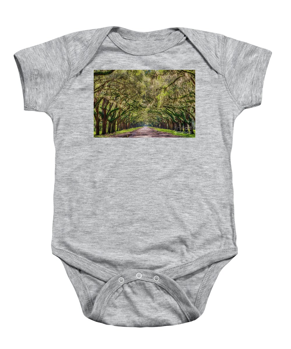 Moss Baby Onesie featuring the photograph Spanish Moss Tree Tunnel by Paul Quinn