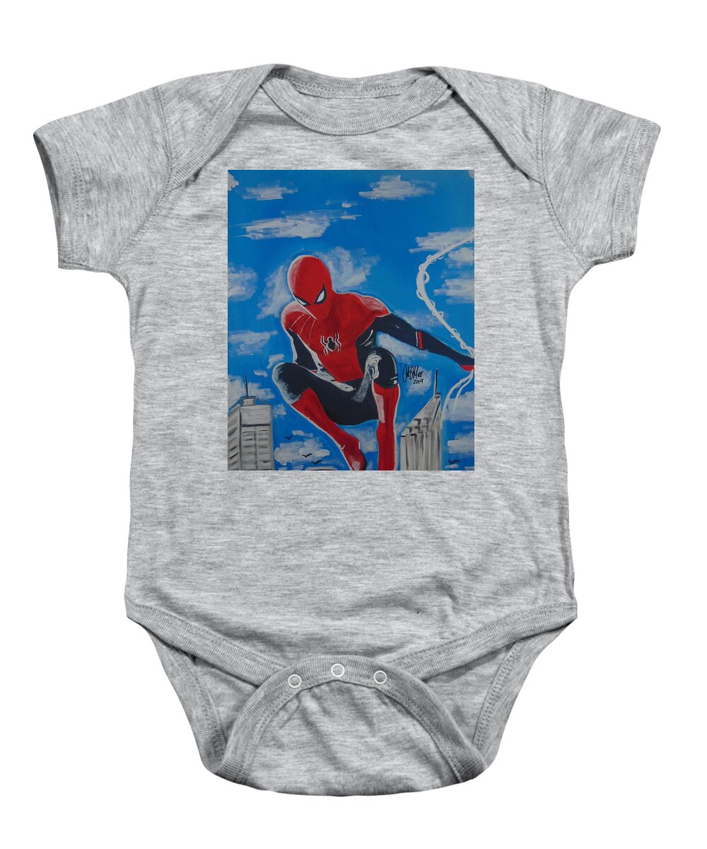 Marvel Baby Onesie featuring the painting Spidey Swinging by Antonio Moore