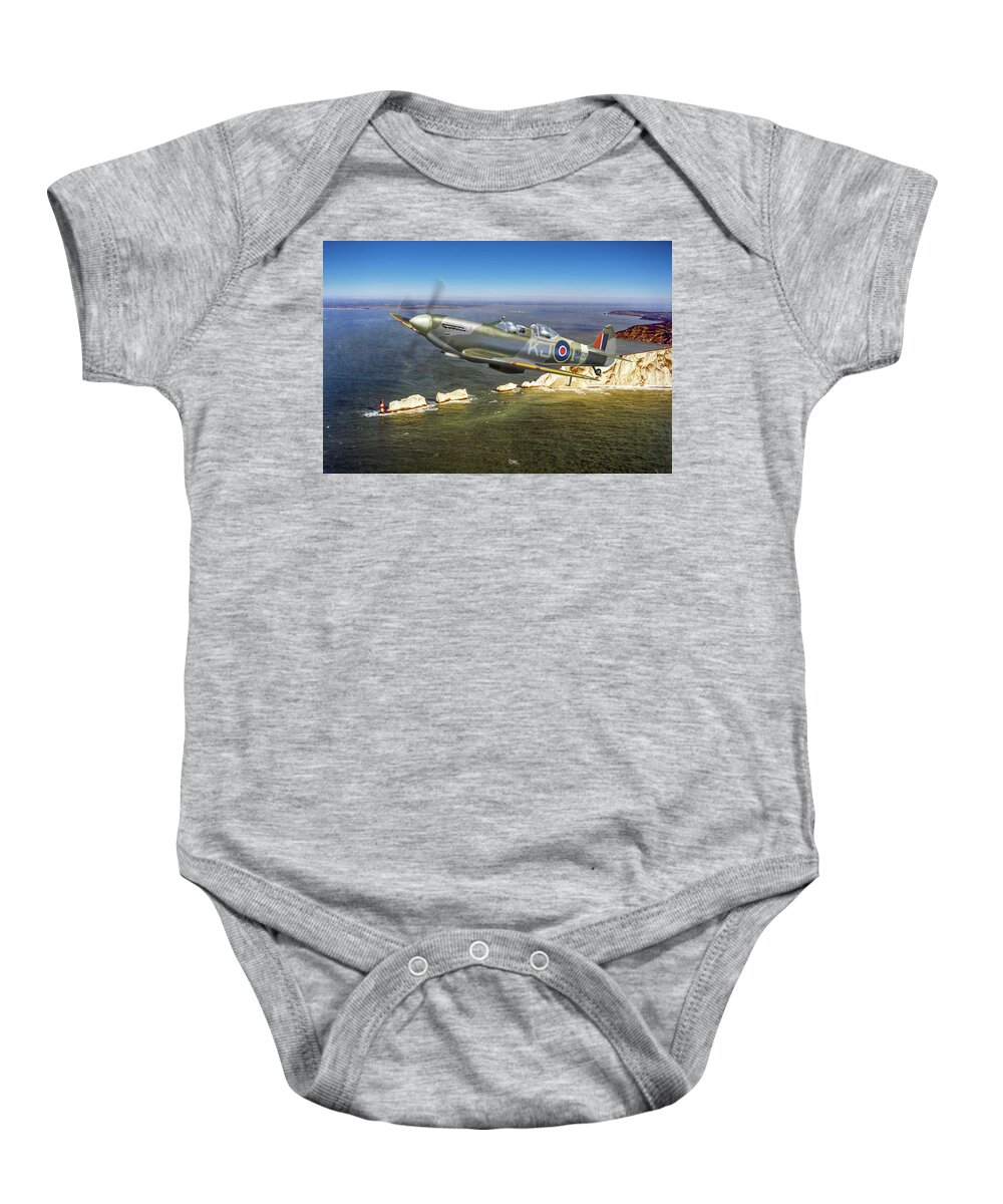 Spitfire Tr 9 Baby Onesie featuring the photograph Spitfire Tr 9 over The Needles by Gary Eason