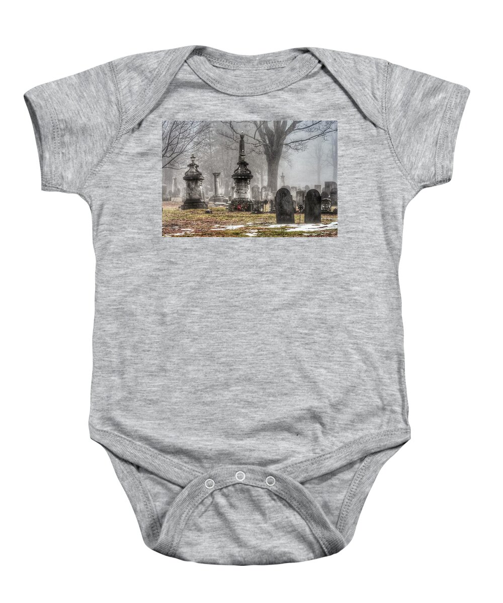 Cemetery Baby Onesie featuring the photograph Spooky day in the cemetery by Monika Salvan