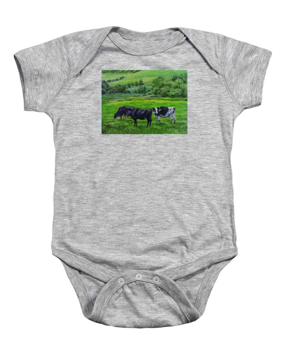 Cows Baby Onesie featuring the painting Spring Greens by Connie Schaertl