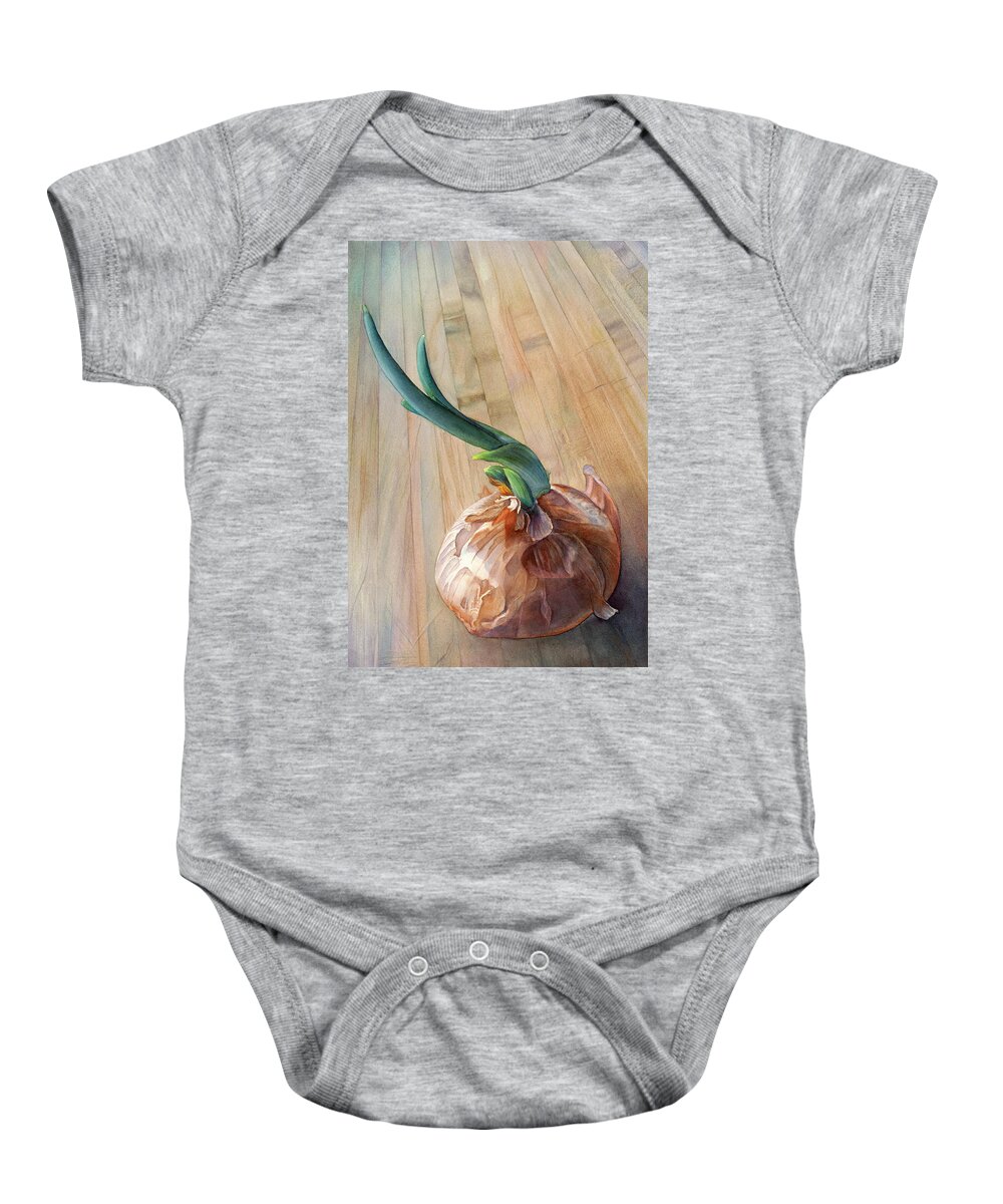 Onion Baby Onesie featuring the painting Sprouting Onion by Sandy Haight