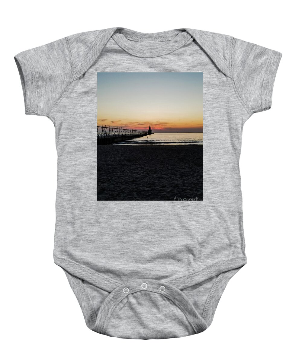 Sunset Baby Onesie featuring the photograph St. Joseph North Pier Outer Lighthouse at Sunset by Elizabeth M