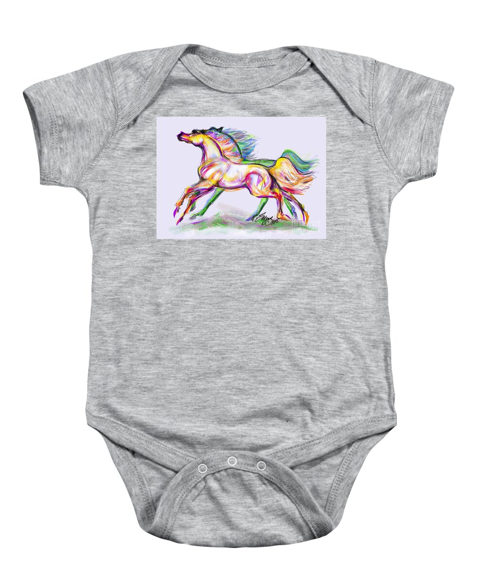 Equine Artist Stacey Mayer Baby Onesie featuring the digital art Crayon Bright Horses by Stacey Mayer