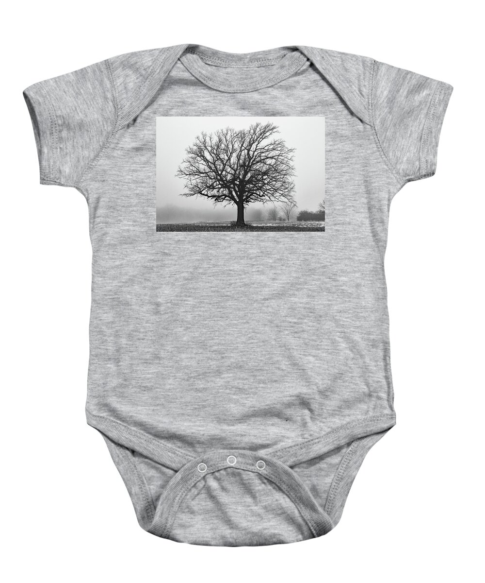 Bare Tree Baby Onesie featuring the photograph Standing Out in the Fog B W by David T Wilkinson