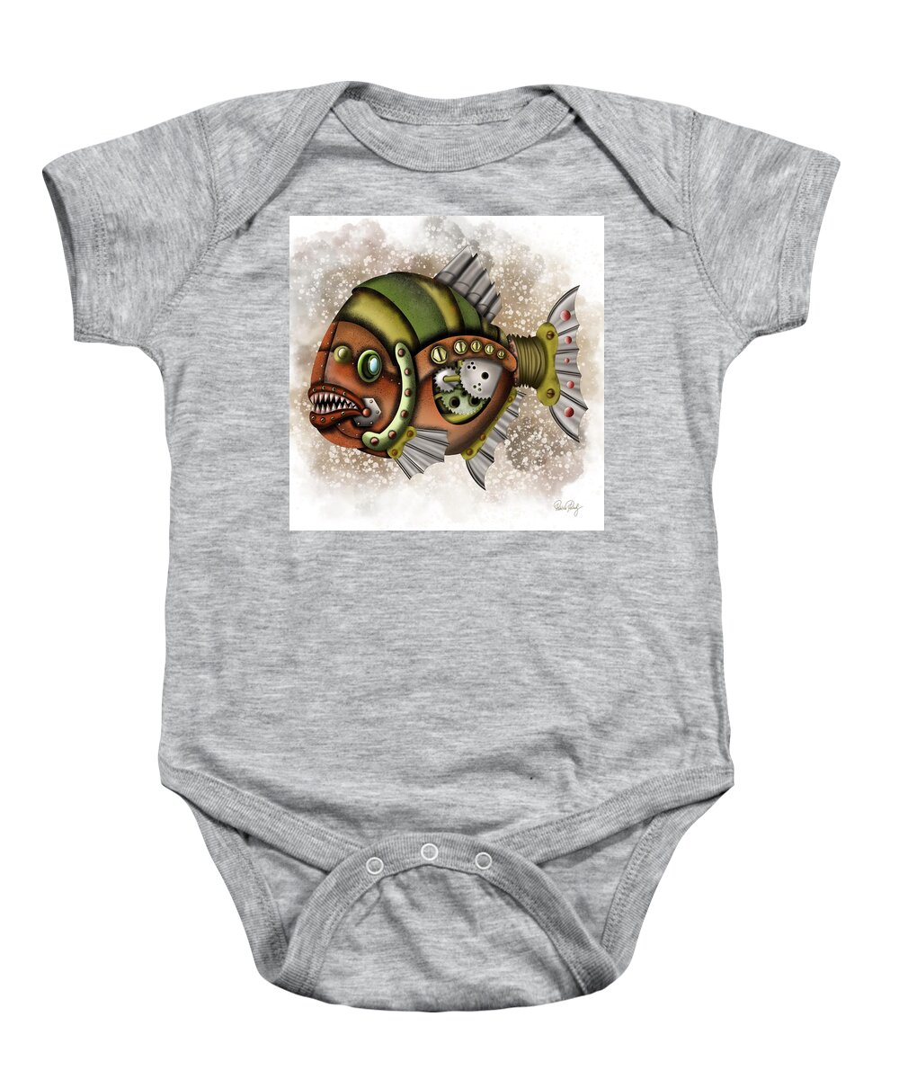 Steampunk Baby Onesie featuring the painting Steampunk Fish by Patricia Piotrak