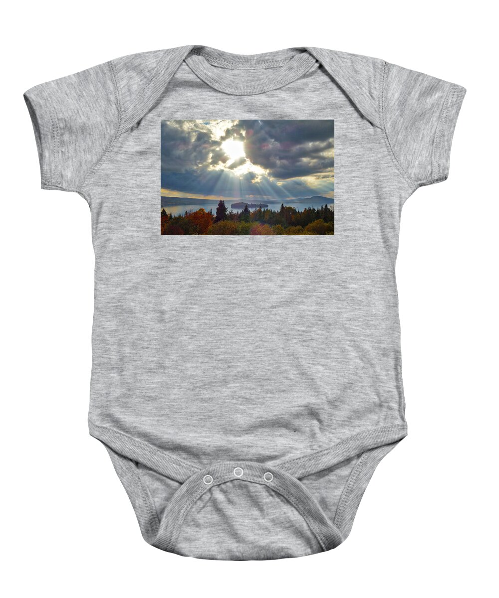 Sun Baby Onesie featuring the photograph Sun Rays Over Rangeley Lake by Russel Considine