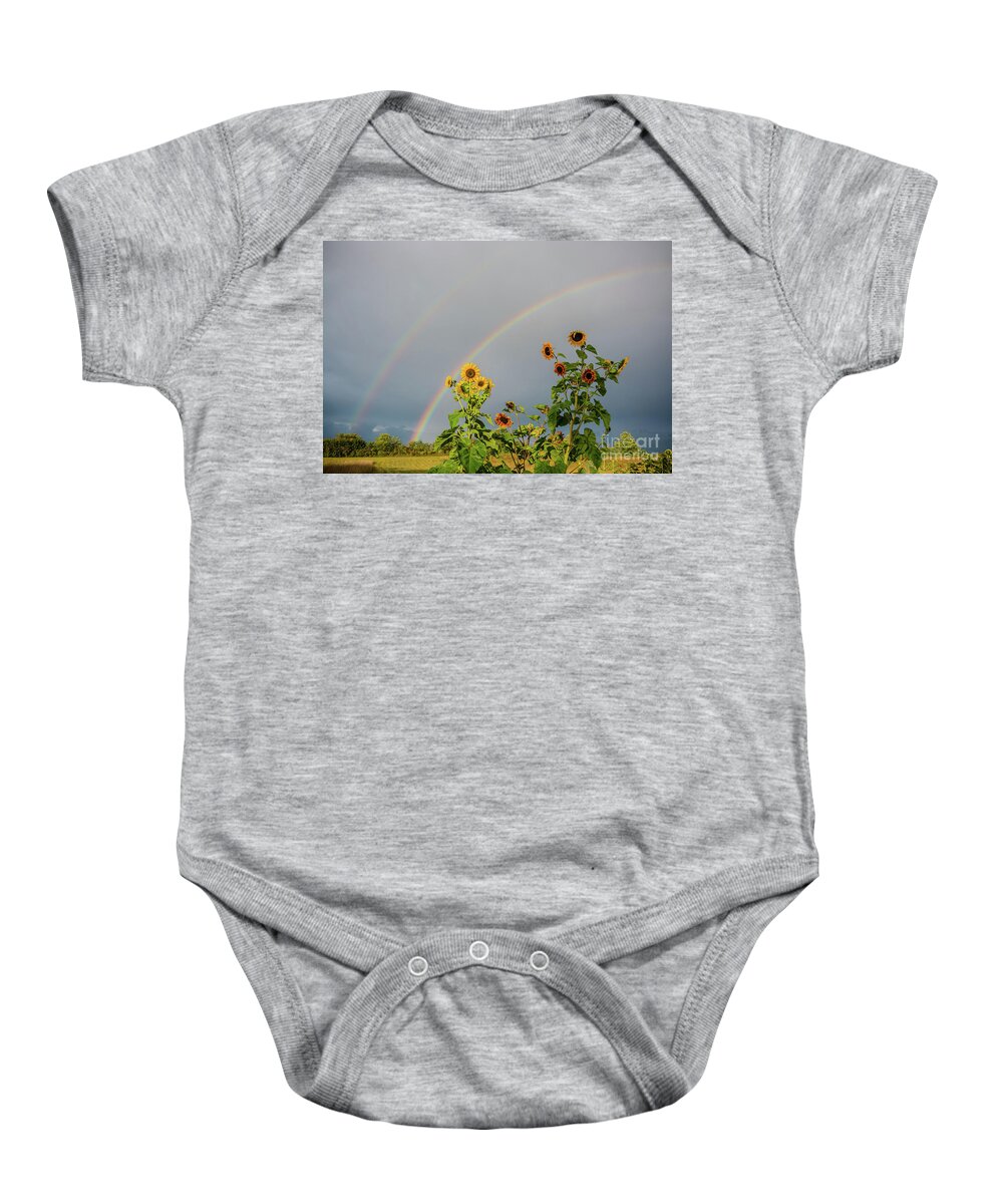 Cheryl Baxter Photography Baby Onesie featuring the photograph Sunflowers Under the Rainbow by Cheryl Baxter