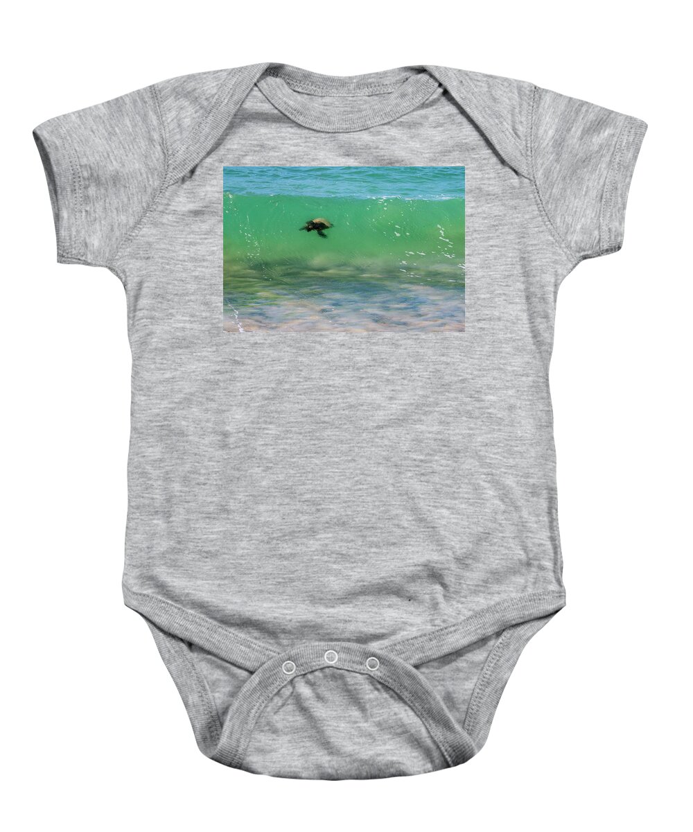 Honu Baby Onesie featuring the photograph Surfing Turtle by Anthony Jones