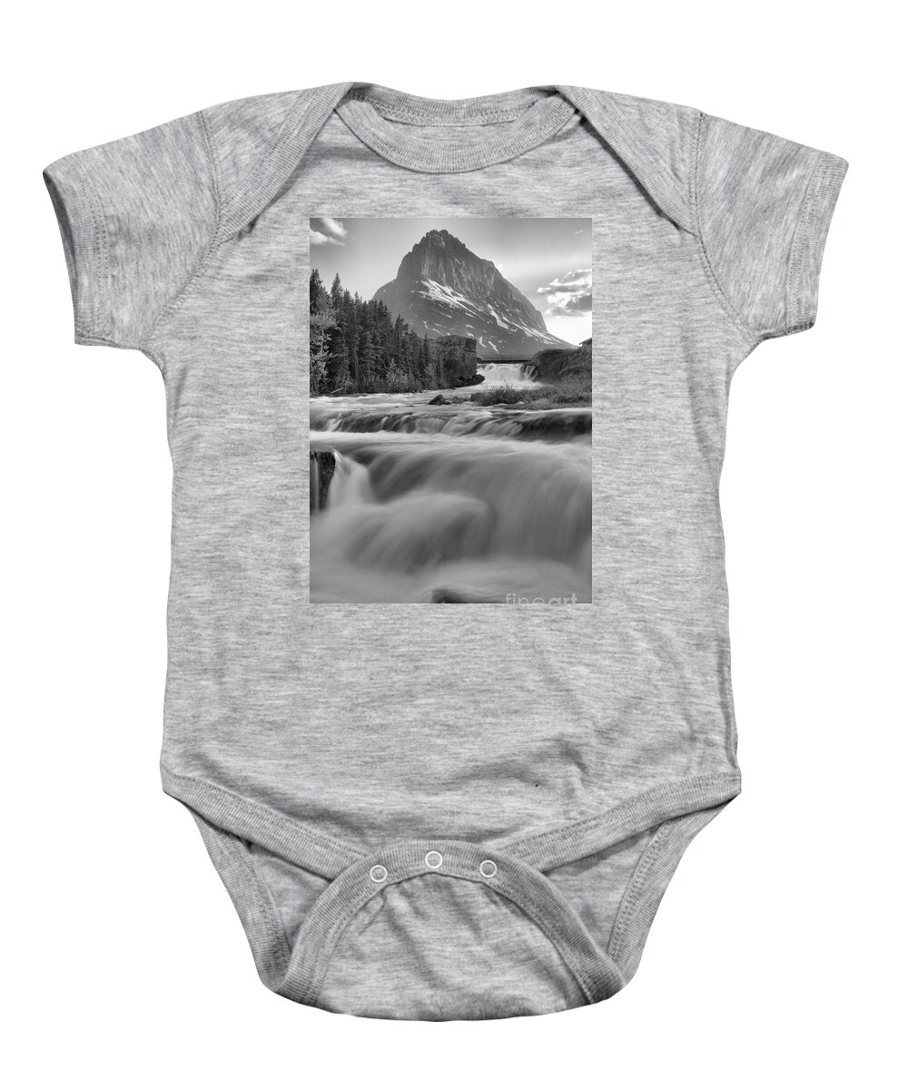 Swift Current Falls Baby Onesie featuring the photograph Swiftcurrent Falls Spring SUnset Black And White by Adam Jewell